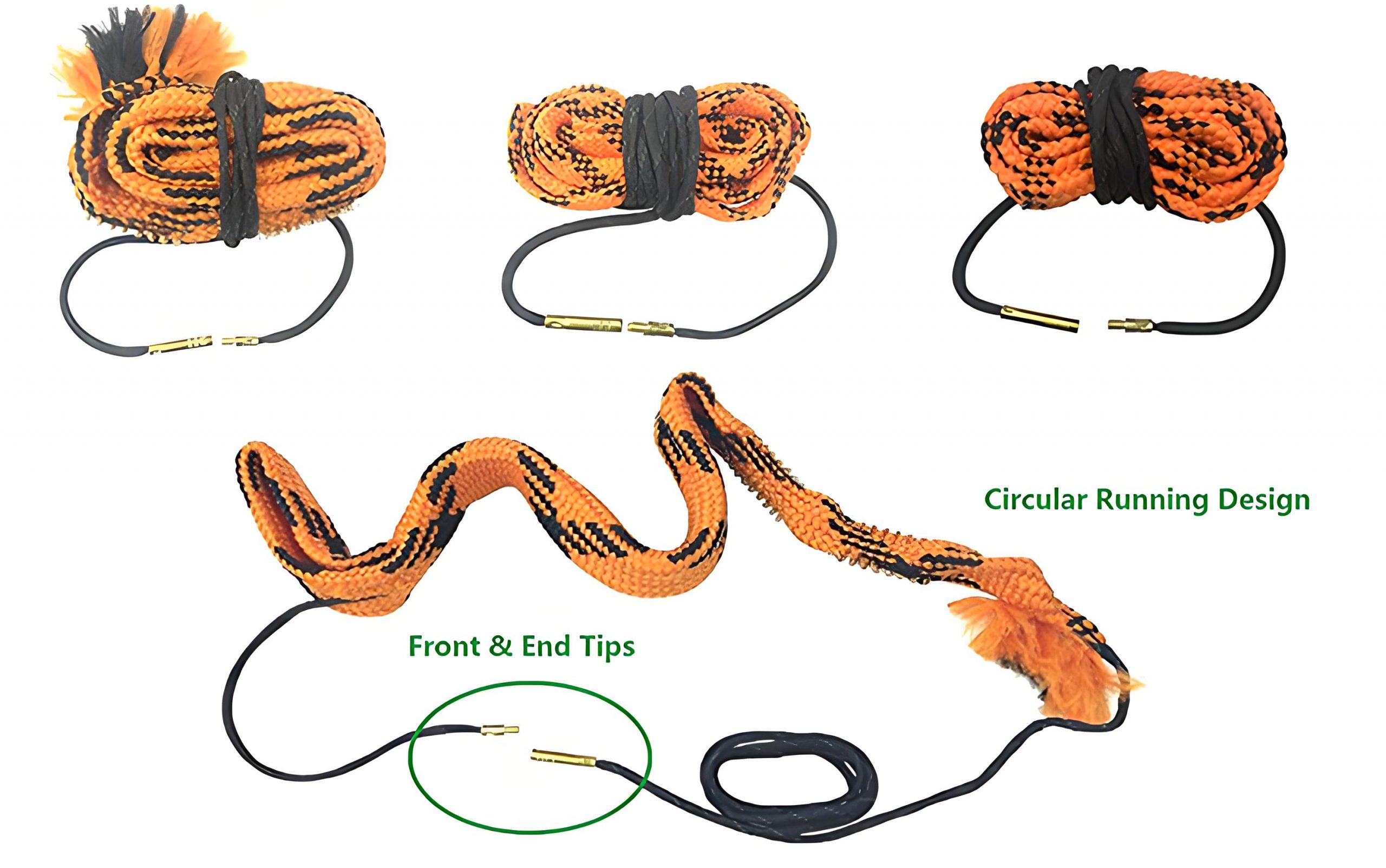 Multi-caliber gun cleaning bore snake ropes from 12 Gauge to .223 calibers & circular running design