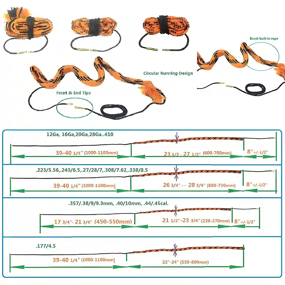 Multi-caliber gun cleaning bore snake ropes size & length