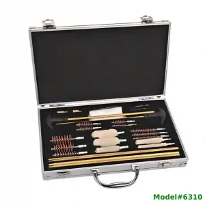 Open view of premium aluminum case universal gun cleaning kit showing solid brass jags and dual rods 6310
